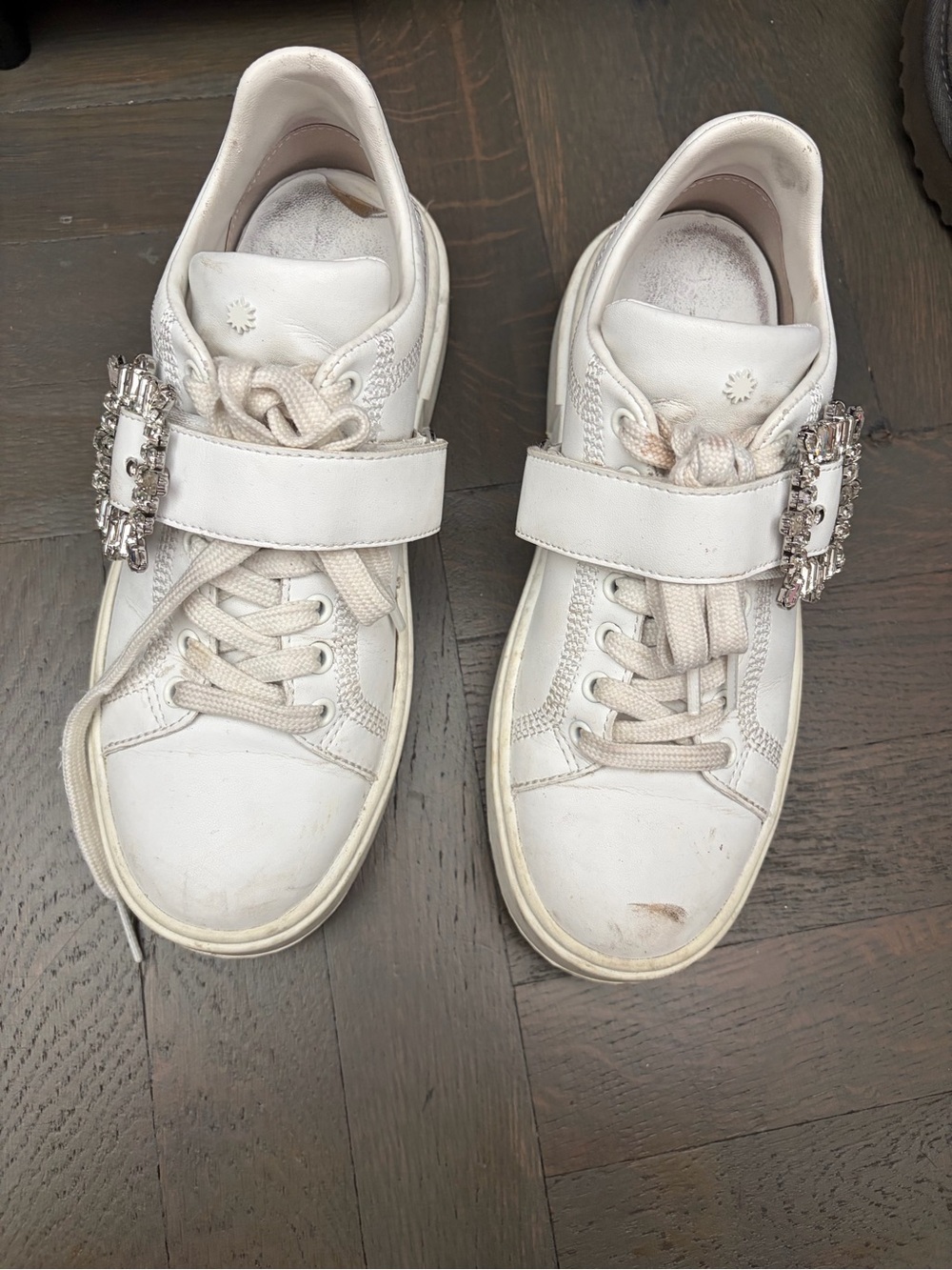 Stuart Weitzman White Leather Sneakers with Crystal Buckle Accent